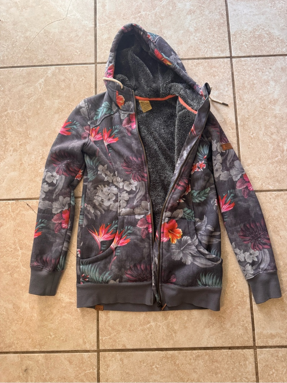 Roxy Gray Plush-Lined Jacket with Orange Trim